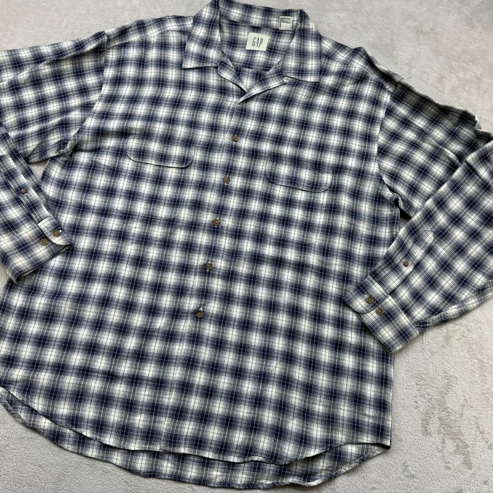 VTG GAP Button Front Shirt Men XL Blue Plaid Ramie Rayon Camp Collar Long Sleeve